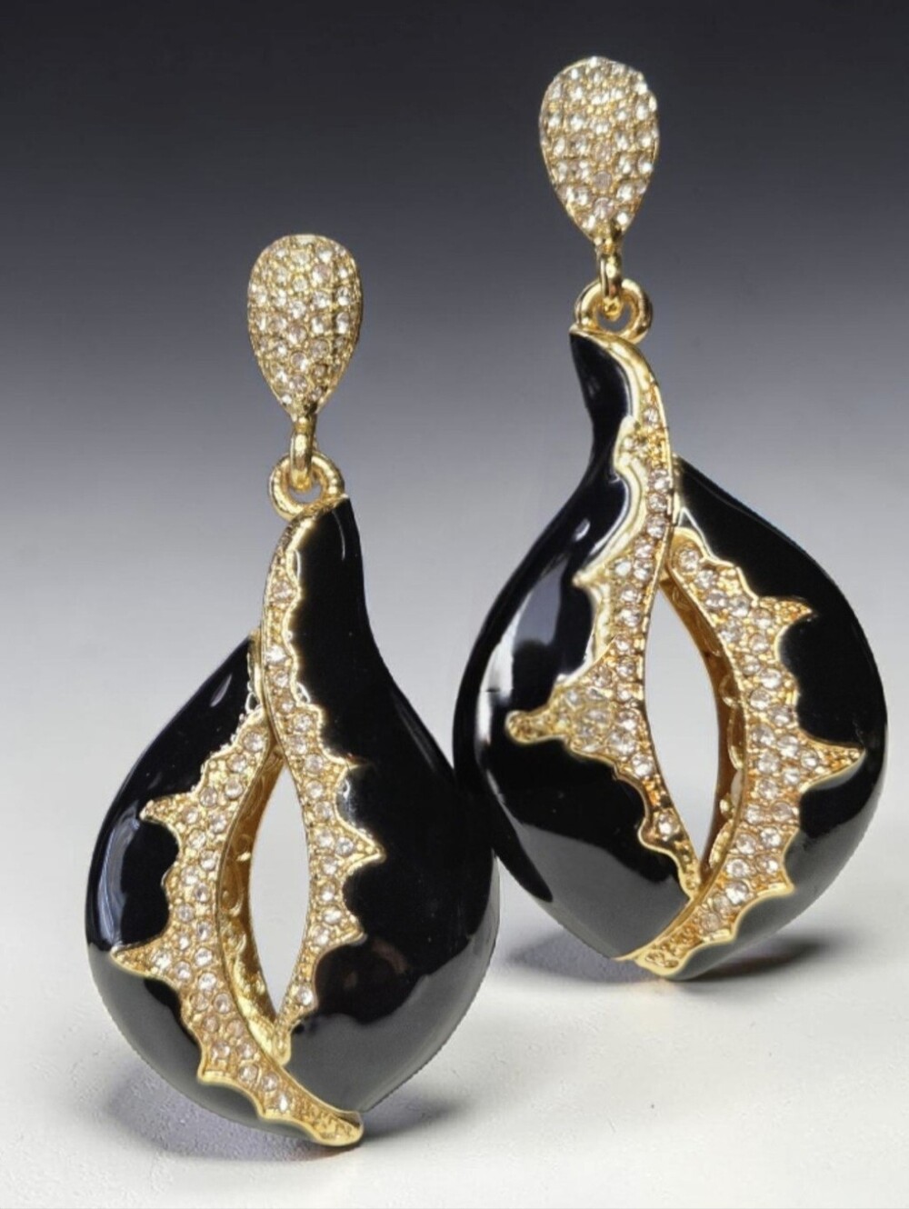 18k Gold Plated Onyx Enamel Pave Zircon Crystal Tuka Teardrop Dangle Earrings